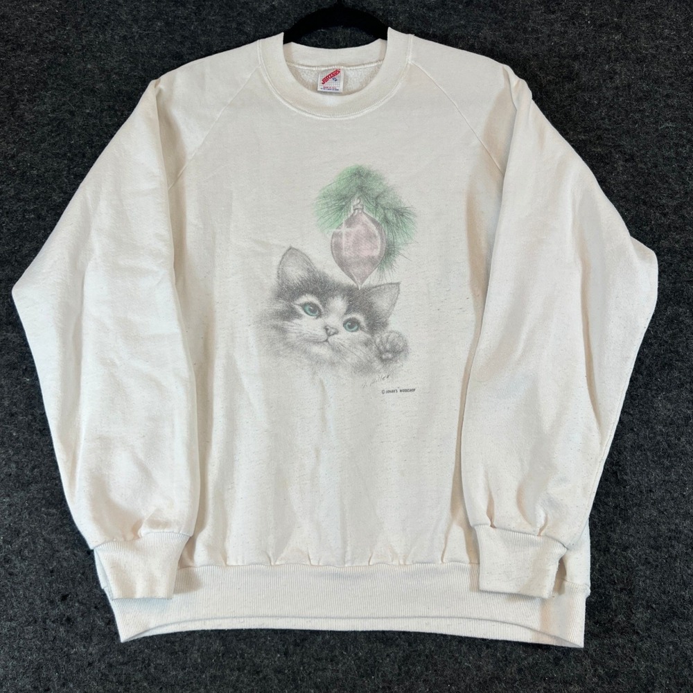 Vintage 90s Christmas Kitten Sweatshirt Mens XL Jonahs Workshop USA White